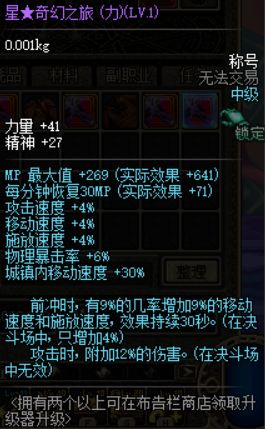 星奇幻之旅称号 LV1 属性